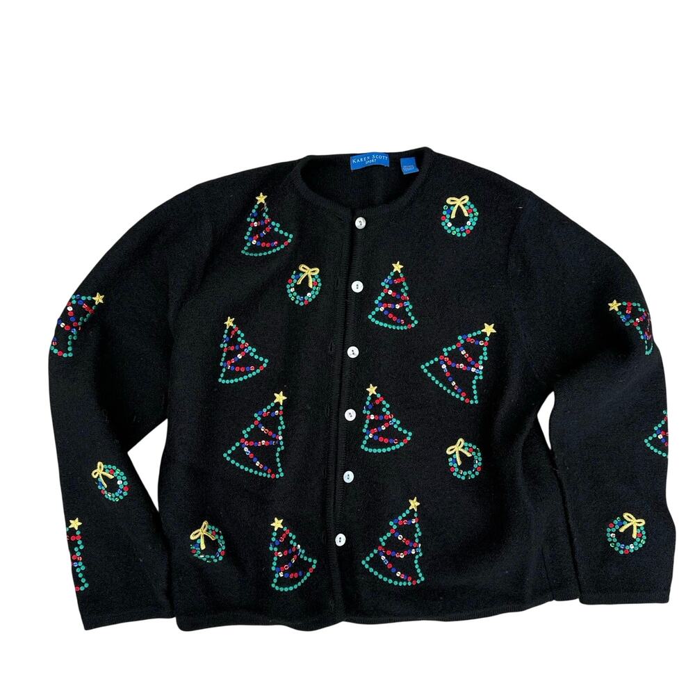 Vintage Karen Scott Christmas Trees Sweater 100% Wool Embroidery Sequins Sz XL